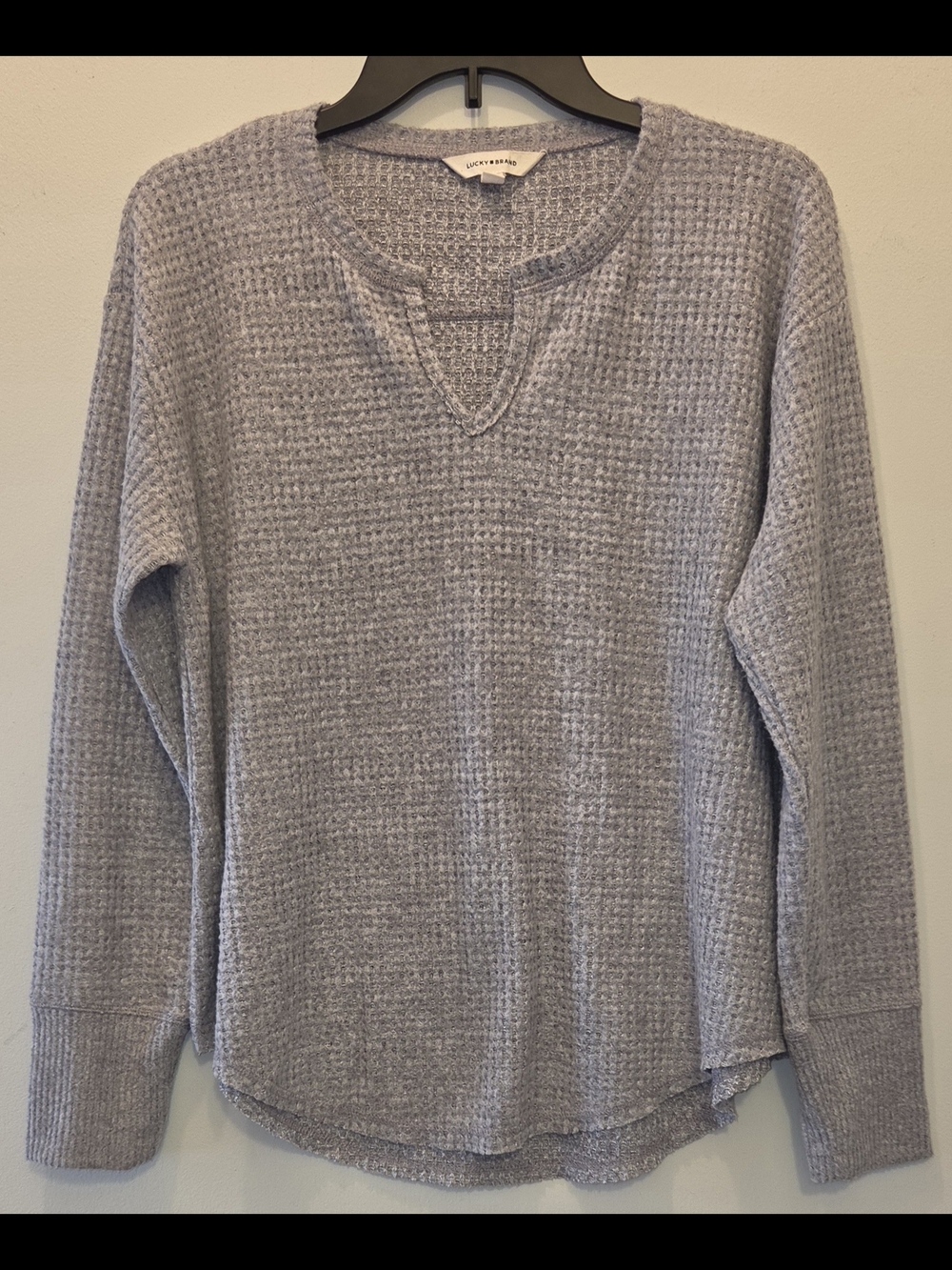 Lucky Brand Womens Light Gray Waffle-Knit Scoop Neck Top